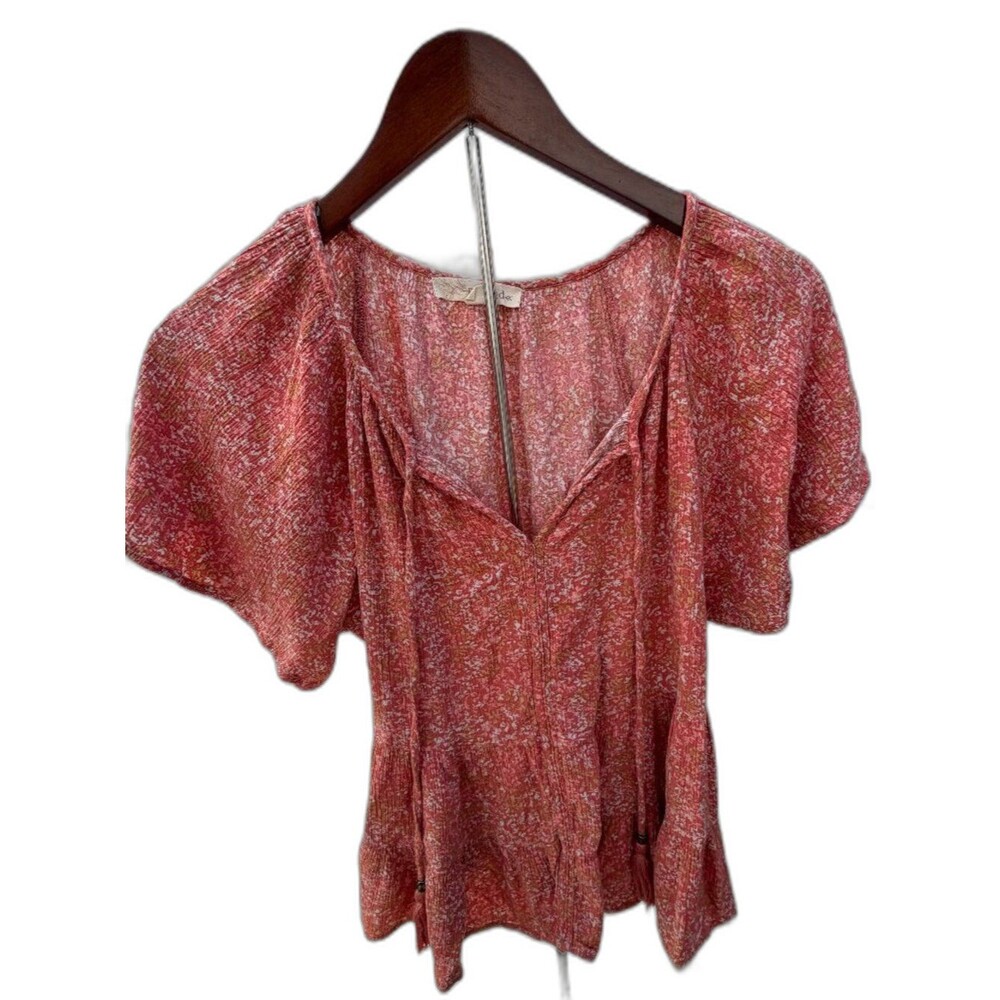 Rewind Coral Floral Boho Peplum Top Medium Flutter Sleeve Tie Neck